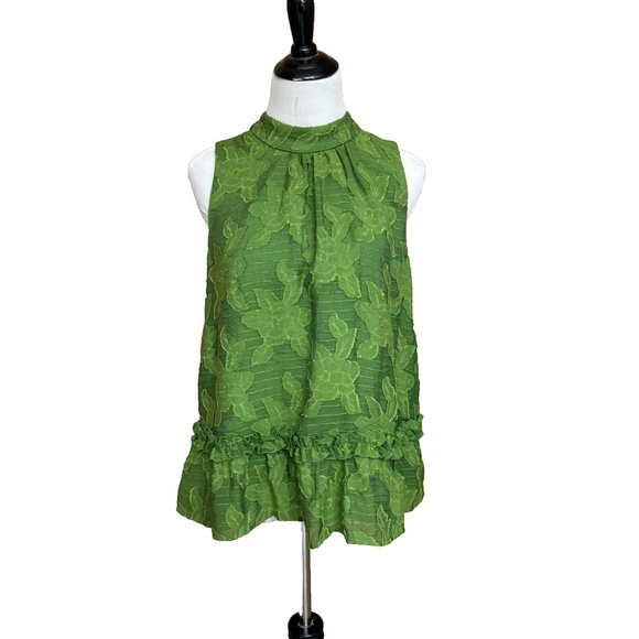 Maeve Anthropologie Women Size 10 Savannah Green Embroidered Swing Blouse Ruffle - Picture 2 of 15